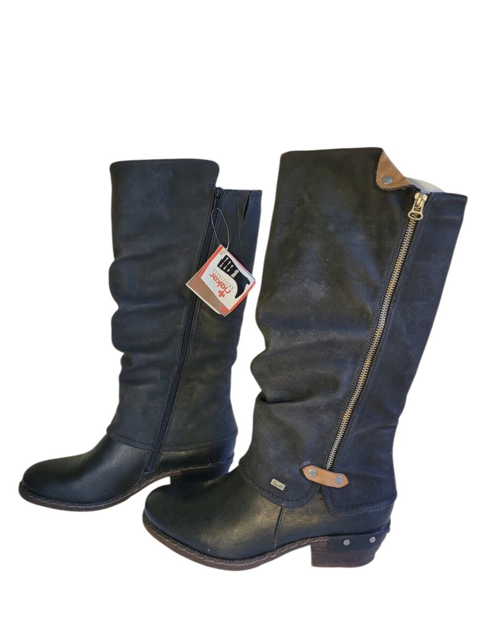 NWT Rieker Tex Leather Knee High Boots Fleece Lined w Side Zip Black Womens 7.5